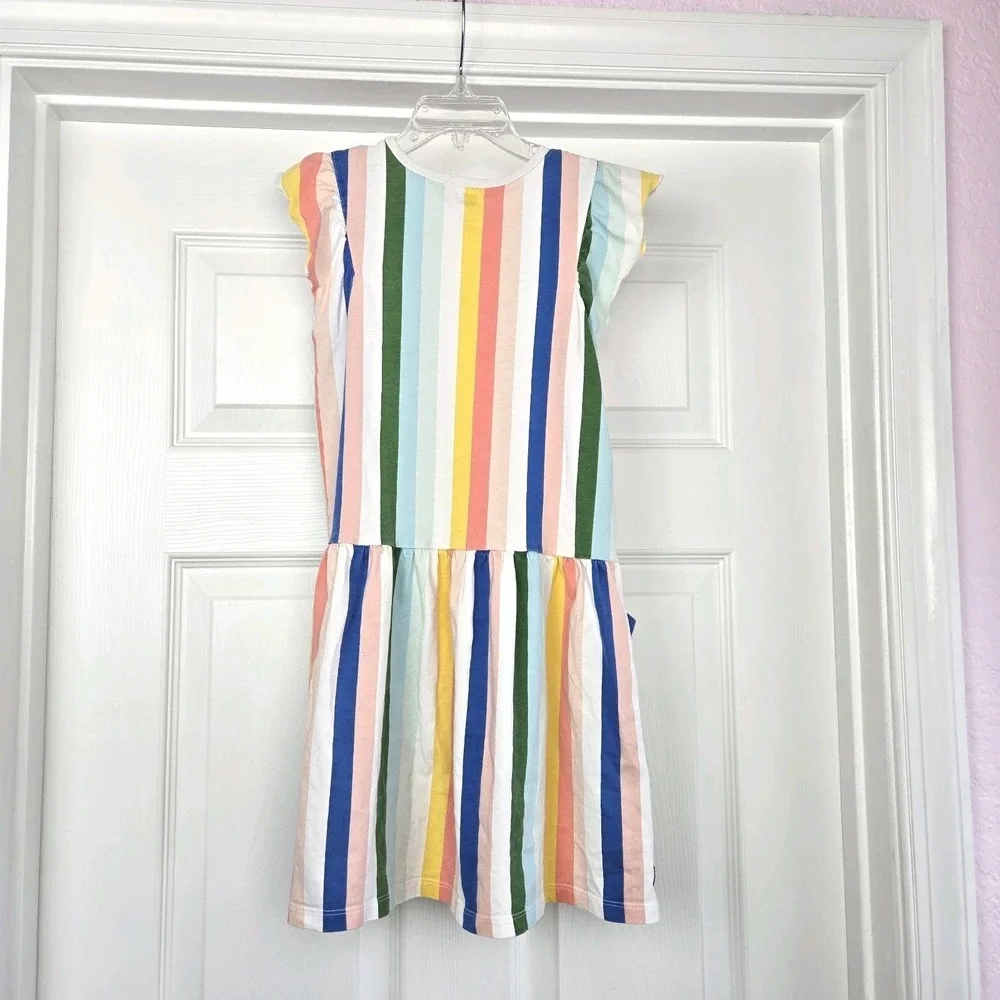 Tea‎ Collection Girls Flutter Sleeve Pocket Dress Size 8 Rainbow Stripes Cotton
